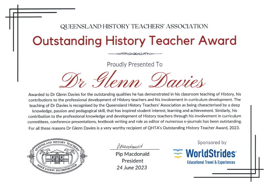 2023 QHTA Outstanding History Teacher certificate